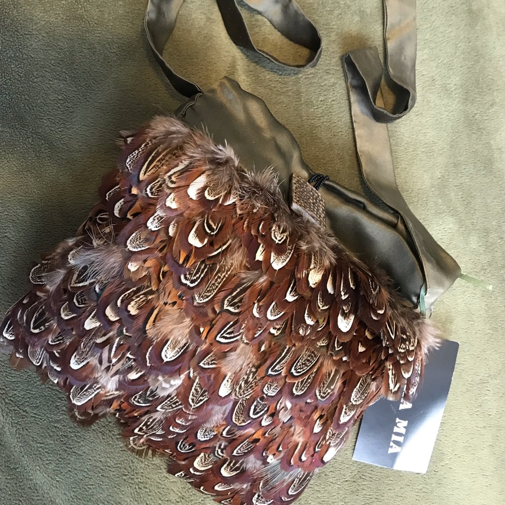 Pheasant Feather Custom Cross Body Bag with Satin Strap and Dust Bag NWT